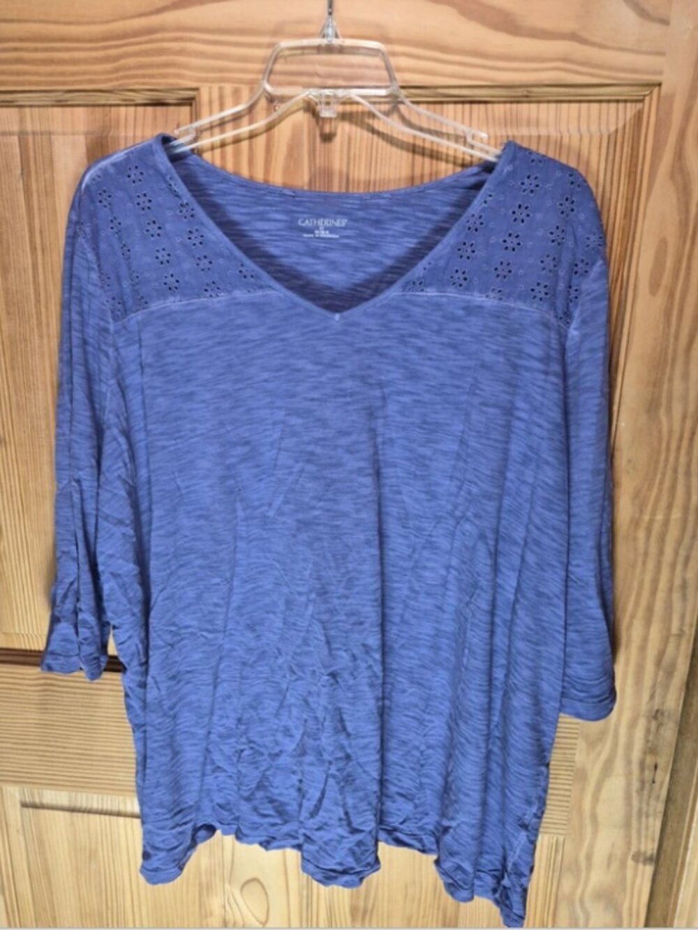 Catherines 3X (26/28) Blue 3/4 sleeve Top with eyelet design
